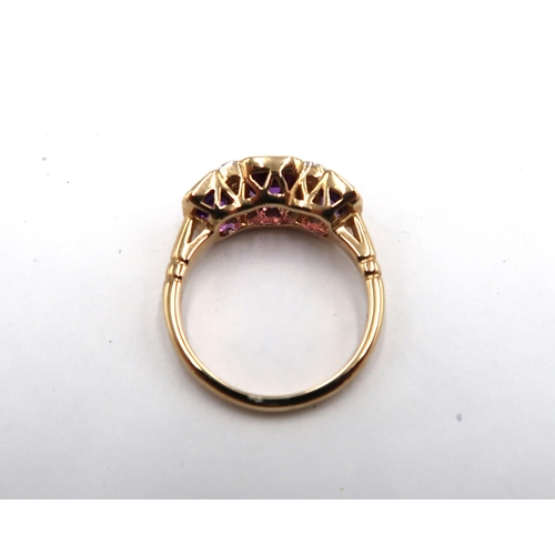 174 - A 9ct yellow gold Art Deco style three stone amethyst and diamond ring, amethysts and diamonds well ... 