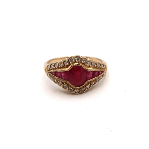 179 - A 9ct yellow gold Art Deco style ruby and diamond lozenge shape ring, rubies and diamonds are bright... 