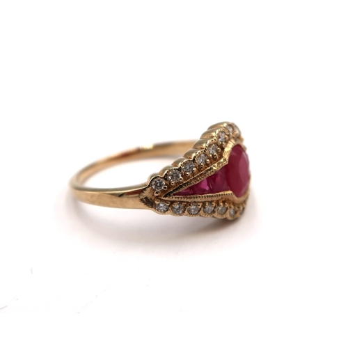 179 - A 9ct yellow gold Art Deco style ruby and diamond lozenge shape ring, rubies and diamonds are bright... 