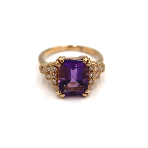 194 - A 9ct yellow gold Art Deco style amethyst and diamond stepped ring, amethyst is a good colour, diamo... 