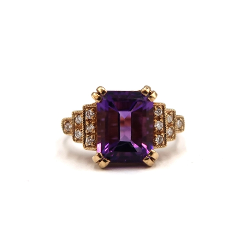 194 - A 9ct yellow gold Art Deco style amethyst and diamond stepped ring, amethyst is a good colour, diamo... 