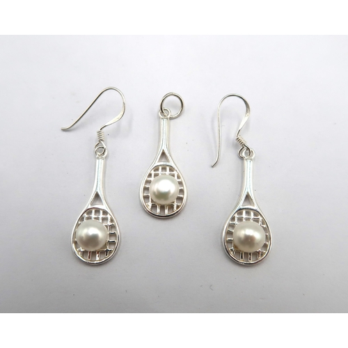 197 - A 925 silver and pearl tennis racket drop earrings and pendant, head size approx 25mm x 10mm