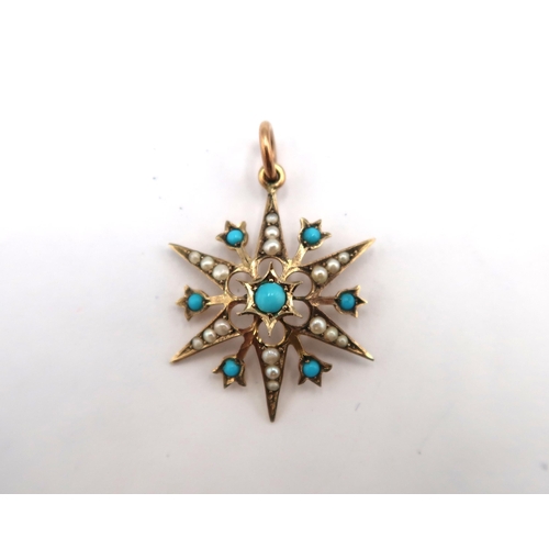 198 - A 9ct yellow gold Edwardian turquoise and seed pearl star burst pendant, head size approx 26mm x 21m... 