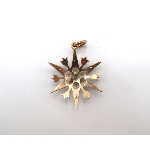 198 - A 9ct yellow gold Edwardian turquoise and seed pearl star burst pendant, head size approx 26mm x 21m... 