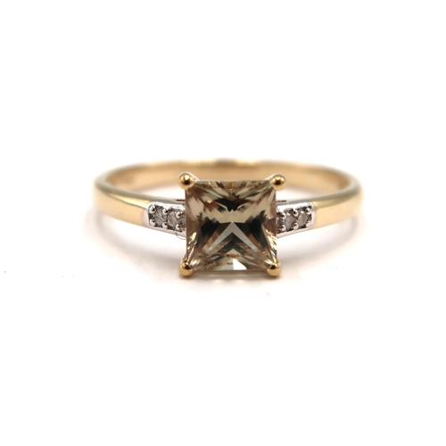 199 - A 9ct yellow gold square cut diaspore with diamond shoulders ring, head size approx 7mm x 7mm, size ... 