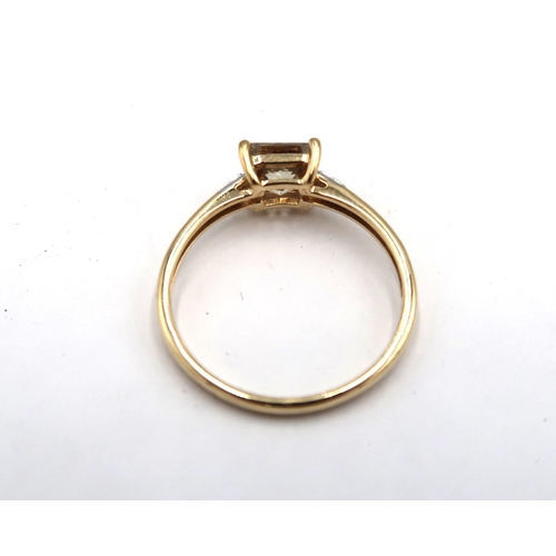 199 - A 9ct yellow gold square cut diaspore with diamond shoulders ring, head size approx 7mm x 7mm, size ... 