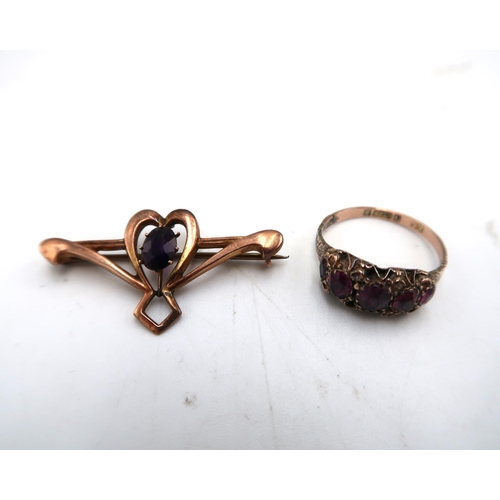 201A - A 9ct rose gold amethyst three stone ring, likely Victorian, size N/O, 1.8g and an Art Nouveau 9ct g... 