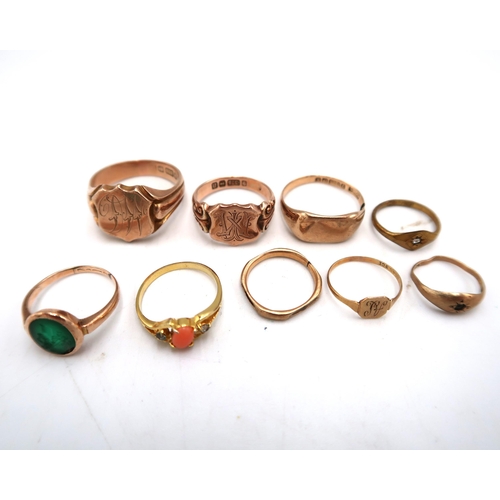 204 - Eight 9ct gold hallmarked, stamped and tested rings - sizes U, R, N, K, J, F, D & E - total weight a... 