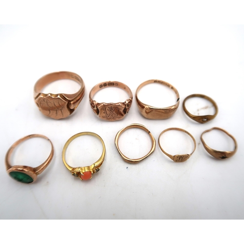 204 - Eight 9ct gold hallmarked, stamped and tested rings - sizes U, R, N, K, J, F, D & E - total weight a... 