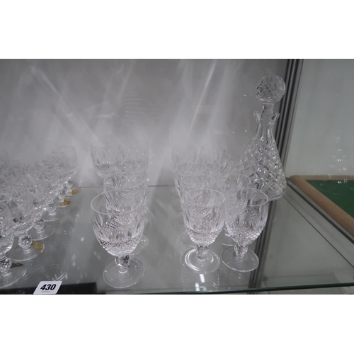 430 - Three Waterford Crystal decanters and various drinking glasses - items include six wine glasses, fiv... 