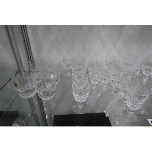 430 - Three Waterford Crystal decanters and various drinking glasses - items include six wine glasses, fiv... 