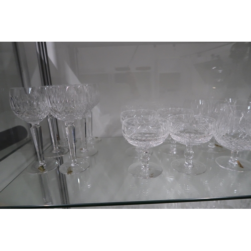 430 - Three Waterford Crystal decanters and various drinking glasses - items include six wine glasses, fiv... 