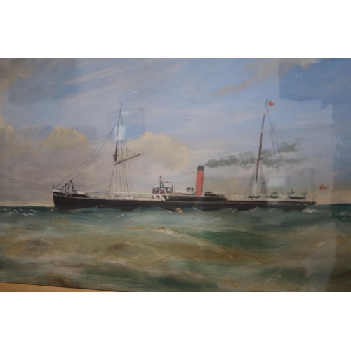 587 - A Gouache Marine Scene, Steamer at sea. 60cm x 30cm.