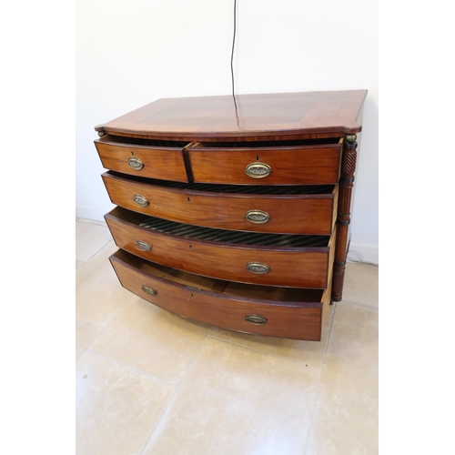 652 - A good quality 19th bow fronted mahogany chest of drawers with turned columns, 123 by 60 by 104cm hi... 