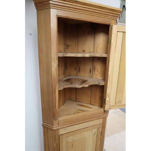 664 - A 19th century pine corner cabinet, with cornice over two panel doors, raised on bracket supports, t... 