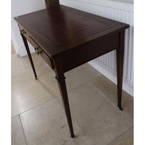 670 - An Edwardian mahogany, inlaid satinwood, cross-banded writing table, with tooled leather scriber and... 