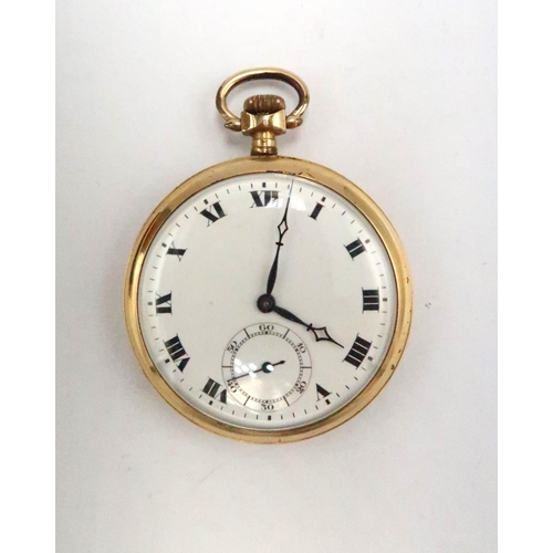 256 - A gold filled, open faced, keyless wind pocket watch, the white dial with Roman numerals, minute tra... 