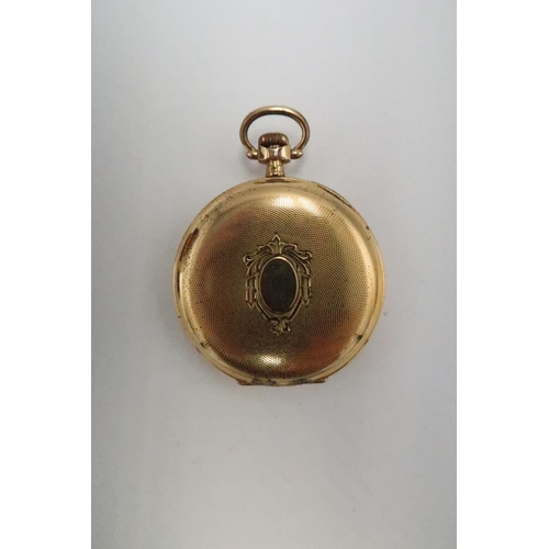 256 - A gold filled, open faced, keyless wind pocket watch, the white dial with Roman numerals, minute tra... 