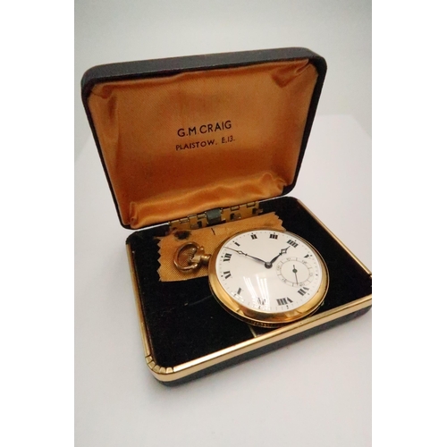 256 - A gold filled, open faced, keyless wind pocket watch, the white dial with Roman numerals, minute tra... 