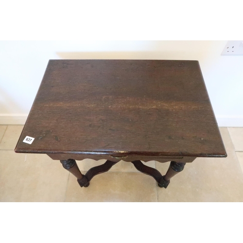 637 - An 18th century oak hall table with single drawer over shaped apron, turned supports joined by X str... 