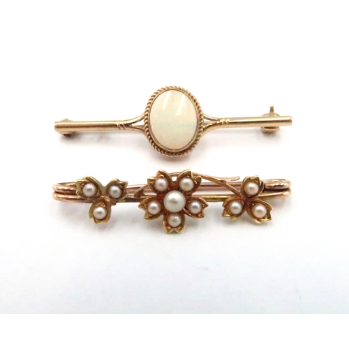 88 - An oval opal bar broch and a seed pearl foliate bar brooch. Both test 14ct. Weight 4.81 grams.