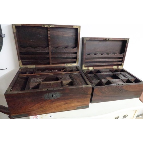 629 - A pair of late 19th or early 20th century Indonesian Rosewood deed or stationery boxes, each with fi... 