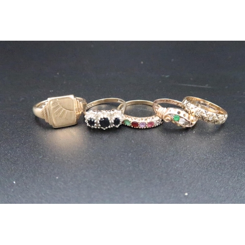 134 - Five 9ct gold rings to include a DEAREST ring and a sapphire and diamond ring - ring sizes M, O, M, ... 