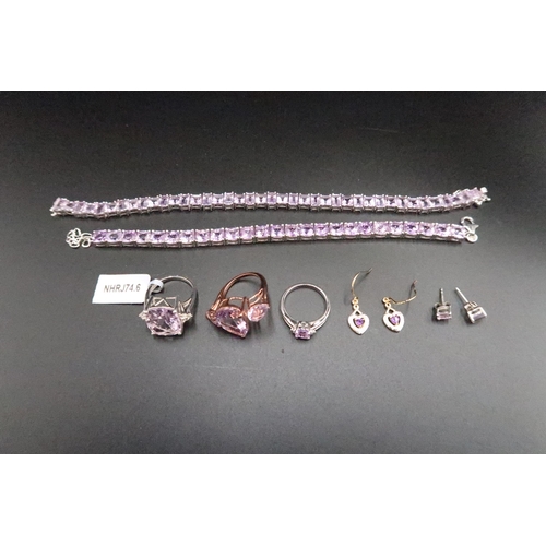 190 - A group of silver amethyst jewellery to include: two bracelets, three rings and two pairs of earring... 