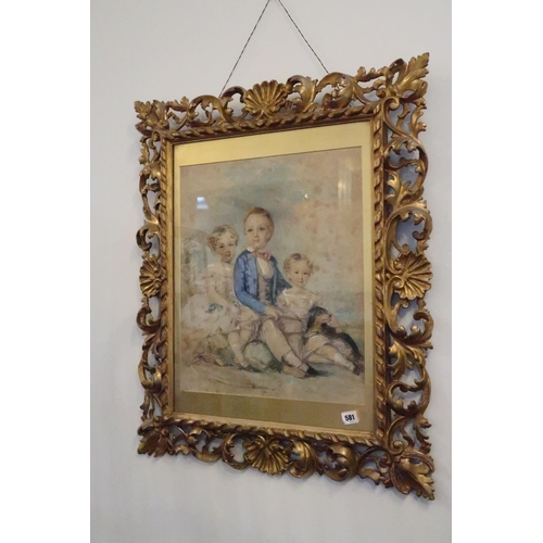 581 - A 19th century watercolour of three children in an ornate gilt frame - 80cm x 64cm