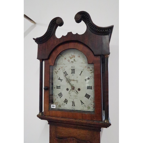 591 - An 8 day longcase clock with a painted arched dial signed Bradley Ilkistone in an oak and mahogany c... 