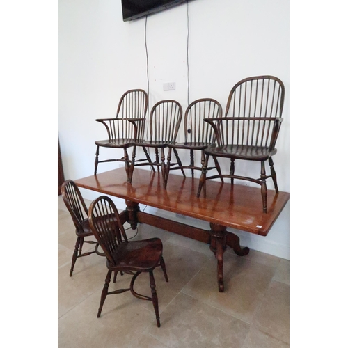 617 - An oak refectory table - 220cm x 85cm - and six Windsor chairs including two carvers