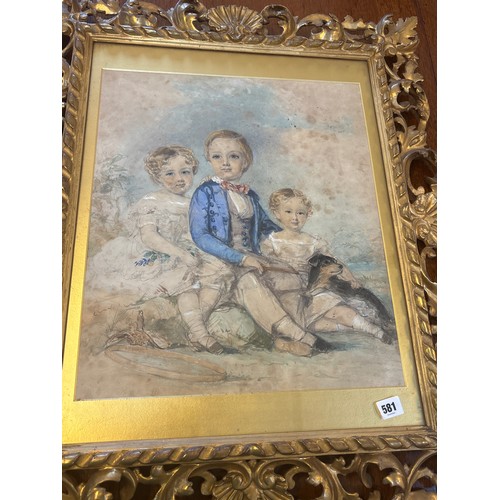 581 - A 19th century watercolour of three children in an ornate gilt frame - 80cm x 64cm