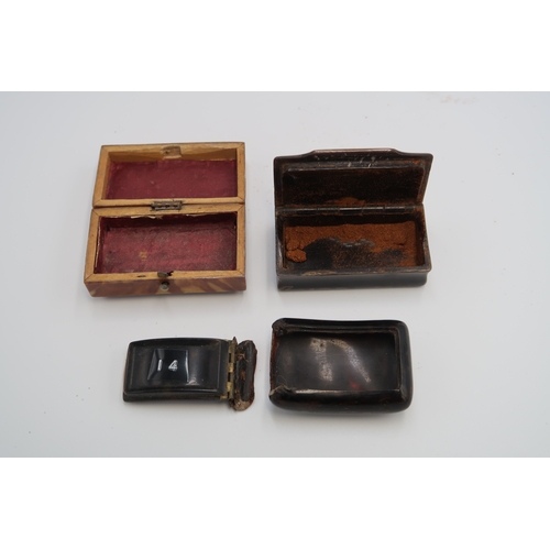  A group of three tortoishell snuff boxes, comprising a dark shell, curved example with hinged lid, c... 