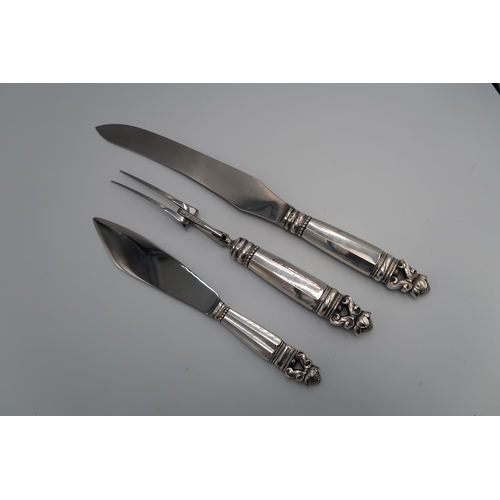  Danish silver 'Acorn' pattern carving set, all stamped Georg Jensen, Sterling Denmark, 20th century,... 