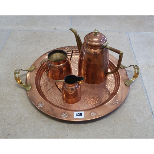  A Swedish copper coffee set, with angular brass handles planished bodies and tin interiors, the tray... 