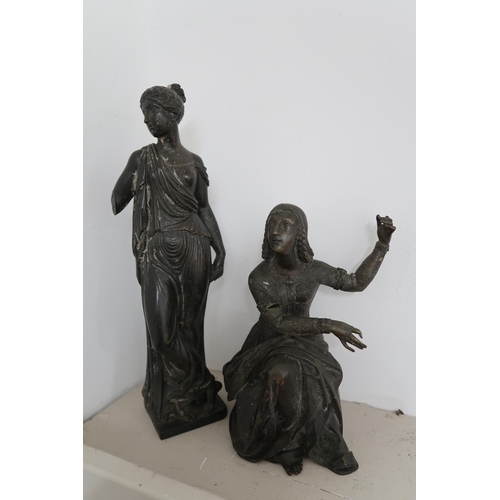  A bronze figure of a lady in medieval dress originally playing a stringed instrument, a/f instrument... 