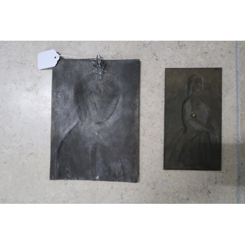  Two bronze plaques, one of a female saint in Renaissance dress, 22 by 16cm, the other, smaller a 19t... 