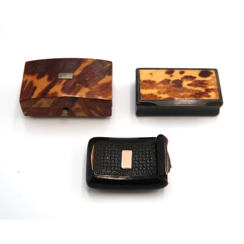  A group of three tortoishell snuff boxes, comprising a dark shell, curved example with hinged lid, c... 