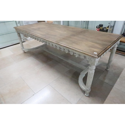 670 - An India Jane dining table with painted distressed base, 240cm x 100cm x 80cm high