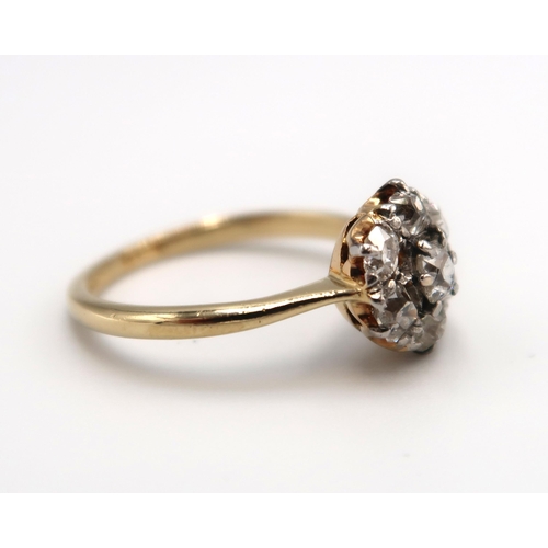 15 - An 18ct yellow gold vintage old cut diamond cluster ring, diamonds are bright and lively, head size ... 