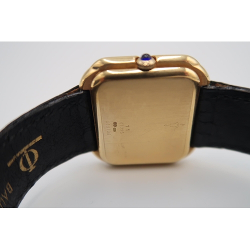 272 - A Baume & Mercier 18ct yellow gold wristwatch on black Baume & Mercier leather strap with sapphire s... 