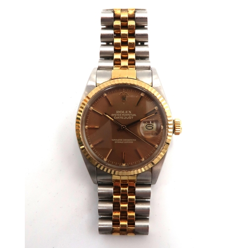 273 - A gentleman's Rolex Oyster Perpetual Datejust wristwatch on bi metal strap - baton markers and date ... 