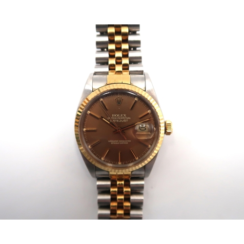 273 - A gentleman's Rolex Oyster Perpetual Datejust wristwatch on bi metal strap - baton markers and date ... 