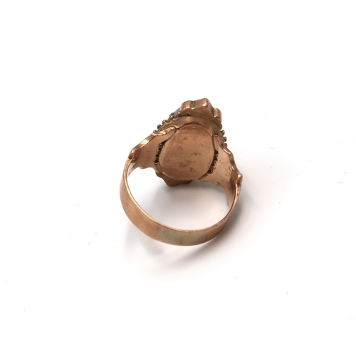 53 - A 19th century ring, set with oval opalescent plaque, inset with a crescent and star, with seed pear... 