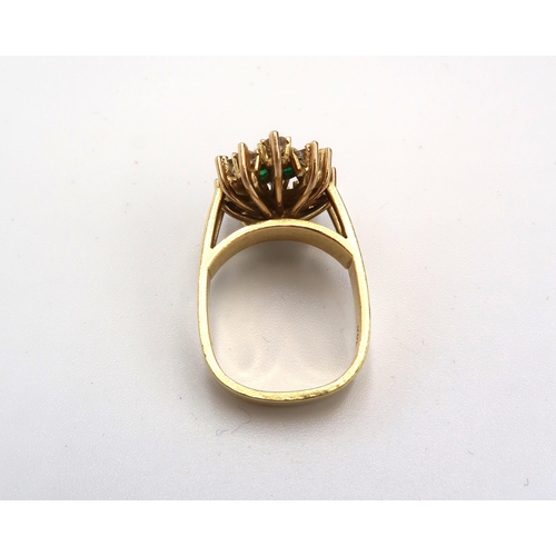 61 - An 18ct gold emerald and diamond cluster ring of brutalist design - ring size J - approx weight 10 g... 