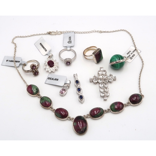 68 - A collection of silver items to include a ruby-zoisite necklace and ring, size K. Two  spinel and zi... 