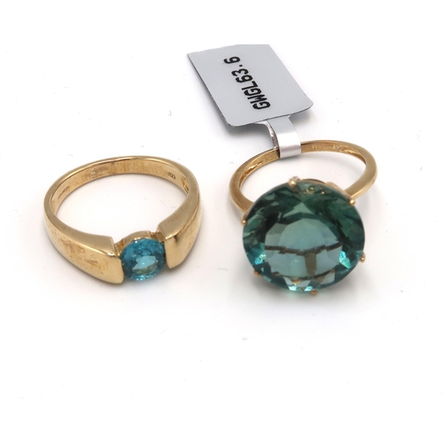 71 - Two 9ct gold single stone rings. To include zircon, size N 1/2, and a blue gem size M 1/2. Weight 7.... 