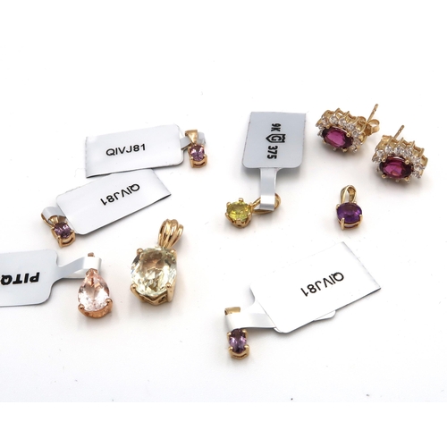 72 - Seven 9ct gold pendants. To include: kunzite and diamond, morganite, sphene, amethyst and three set ... 