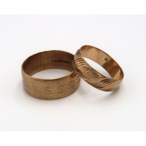 90 - Two 9ct band rings with engraved pattern. The first 8.9mm, size V. The second 5.8mm with two diamond... 