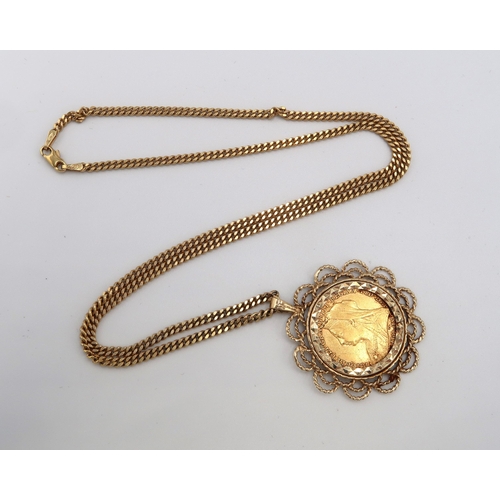 95 - An 1894 sovereign coin within a 9ct gold mount suspended from a curb link chain. Weight 21.20
both t... 